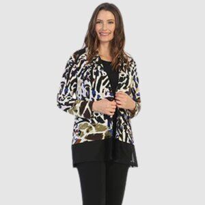 Jess & Jane Large Multi Abstract Open Front Stretch Knit Artsy‎ Duster Jacket